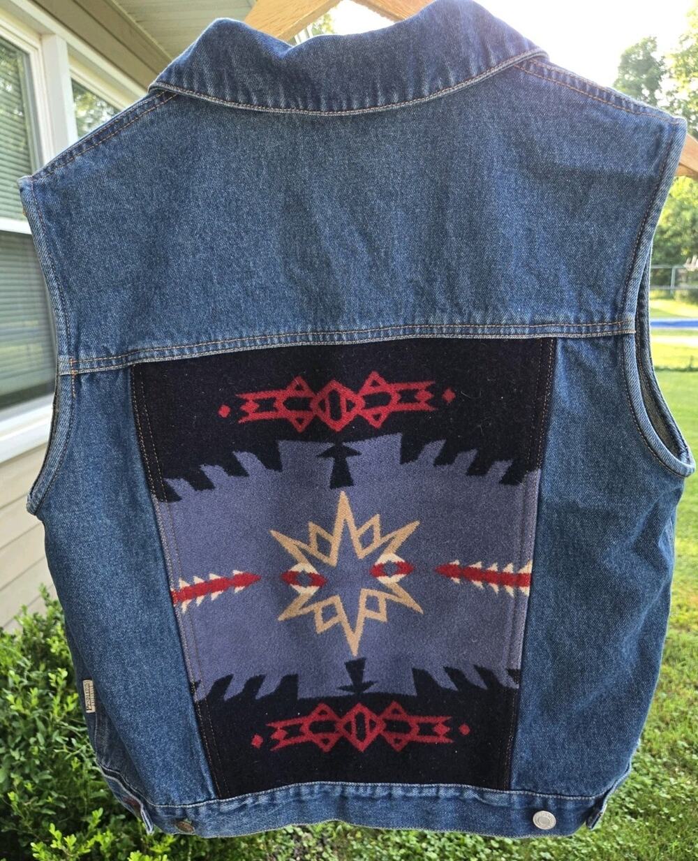 Vintage Pendleton Denim Vest Aztec Blanket Back Southwestern Wool Women's Small
